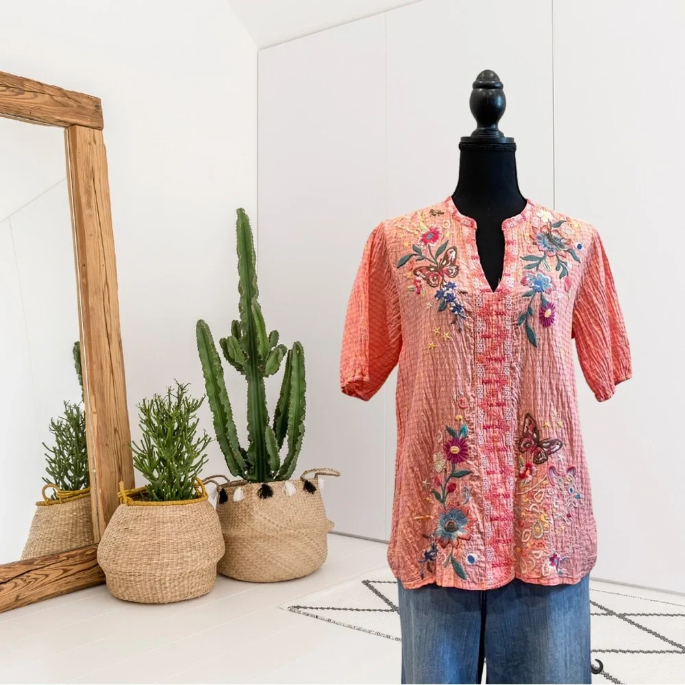 Johnny Was Olinda Embroidered Puff Sleeve Textured Blouse